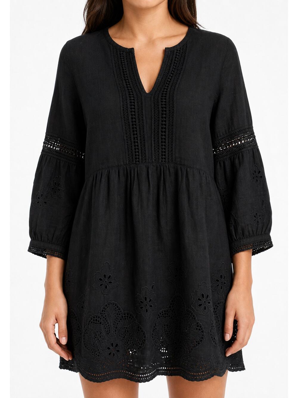 Tommy Bahama Women Black Linen Blend Eyelet Tunic Dress XXS Boho Swim Resortwear